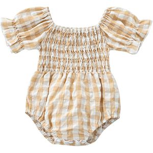 Baby Baby Meisjes Korte Mouw Romper Met Plaid Patroon, Zoete Stijl Kleuraanpassing Zomer Kleding