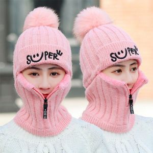 Winter Vrouwen Gebreide Hoeden Voeg Bont Gevoerde Warme Winter Hoeden Voor Vrouwen Met Rits Houden Gezicht Warmer Balaclava Pompoms Cap