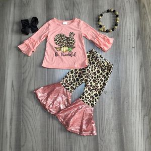 Girlymax Fall/Winter Thanksgiving Baby Meisjes Kinderen Kleding Set Coral Luipaard Turkije Pailletten Broek Katoen Match Accessoires