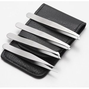 Set Van 4 Professionele Roestvrijstalen Pincet Met Lederen Pouch Voor Ingegroeide Haar Wenkbrauwen Epileren Dagelijks Beauty Tool