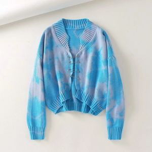 Casual Tie Dye Enkele Breasted Oversized Vest Vrouwen Herfst Winter Lange Batwing Mouw V-hals Gebreide Trui Jas Vrouwelijke