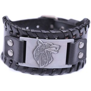 Dawapara Viking Wolf Hoofd Armband Voor Mannen Badge Charm Punk mannen Zwart Lederen Armband Brede Leren Armbanden Voor Vrouwen