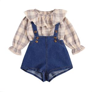 20202 0-24M Korea Stijl Baby Meisje Kleding Kant Ruche Kraag Plaid/Bloemenprint Flare Lange Mouwen blouse + Solid Denim Overalls