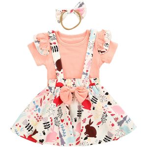 Peuter Baby Meisje Pasen Outfit Ruche Korte Mouw T-shirt Top + Bunny Print Jarretel Algehele Jurk Riem Rok + Hoofdband