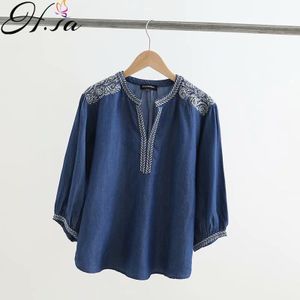 H. sa Vintage Chic Vrouwen Bloemen Borduren Beach Bohemian Denim Blouse Shirt Lange Mouw Kwastje Losse Boho Jeans Shirts