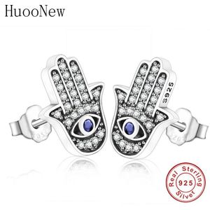 925 Sterling Zilver Fatima Hand Palm Evil Eye Blue Clear Zirkoonkristal Stud Oorbellen Voor Vrouwen Brincos Mode Oorbellen