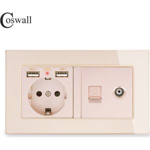 Coswall Rusland Spanje Eu Standaard Stopcontact 2 Usb Charge Port + Vrouwelijke Tv Connector Met CAT5E RJ45 Internet Jack glas Panel