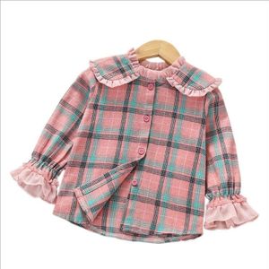 Zoete bloemblaadje kraag prinses meisjes blouse fall katoen roze/groene plaid ruches kant kids shirt voor meisjes tops kinderen jas