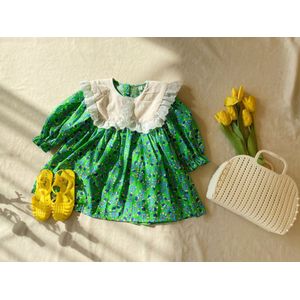 2022 Lente Meisjes Lange Mouw Bloemen Prinses Jurk Katoen Peuter Kids Voor Party Kinderen Jurken Met Kanten Kraag