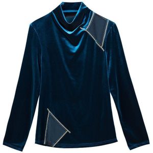 Blauw Goud Fluwelen Blouse Vrouwen Lange Mouwen Herfst Mode Half Hoge Hals Hollow Geborduurde Dieptepunt Shirt