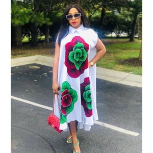 Mode Afrikaanse Dames Patroon Gedrukt Jurk Elegante Vrouwen Witte Hoge Taille EEN Lijn Plus Size Office Jurken Midi Werk dragen
