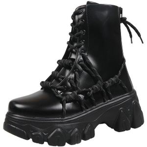 Zwarte Punk Stijl Platform Vrouwen Enkellaars Cross Strap Chunky Hakken Laarzen Vrouw Waterdichte Pu Lederen Schoenen