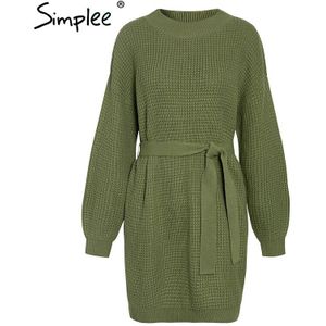 Simplee Casual Vrouwen Trui Jurk Losse Stijl Groene Gordel Vrouwelijke Gebreide Jurk Herfst Winter Warm O Hals Dames Gebreide Jurken