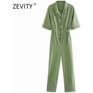 Zevity Vrouwen Safari Stijl Notched Kraag Zakken Patch Siamese Rompertjes Lady Korte Mouw Linnen Jumpsuits Casual Broek DS4323