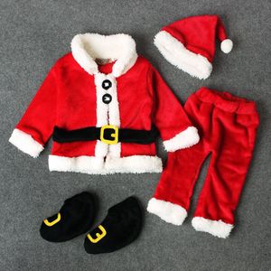 Winter Jongens Meisjes Kerst 4 stuks Kleding Sets Dikke Warme Kerstman Kostuum Fleece Jassen + Broek + Hoed + schoenen Outfit Set
