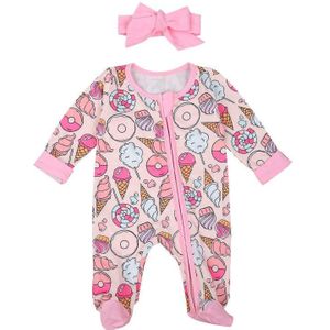 Baby Meisjes Jumpsuit, Pasgeboren Lange Mouwen Ronde Kraag Rits Open Voorzijde Een Stuk En Hoofdtooi, roze/Abrikoos, 0-18 Maanden