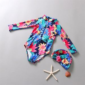 Leaf Print Een Stuk Meisjes Badpak Set O Hals Bloemenprint Bodysuit Badmode Met Badmuts Meisjes Beachwear #20