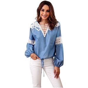 herfst Europese en Amerikaanse denim blouse jas V kraag kant kant lange mouw