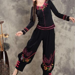 Etnische Pantalon Femme Vrouwen Herfst Lente Hippie Lange Zwarte Bloemen Borduren Chinese Broek Vintage Harembroek 11809