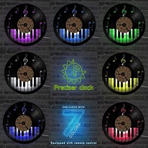 Holle Piano Keybord Vinyl Record Klok Creatieve en Antieke Stijl Zwarte Ronde LED Wandklok Muziek Piano Decor Art Klok