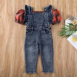 Pudcoco Peuter Baby Meisje Kleding Plaids Off Shoudler Crop Tops Denim Mouwloze Ruffle Romper Jumpsuit 2 Stuks Outfits Overalls