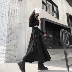 Nicemix Vrouwen Sexy Hoge Taille Harajuku Gothic Midi Lange Punk Streetwear Ring Lint Losse Rok Koreaanse Trainingspak Zwart Vintage H