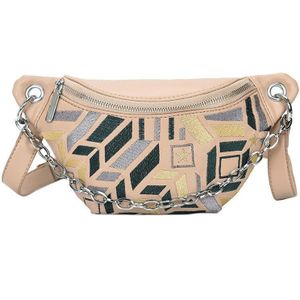 Kleurrijke Geometrische Patroon Pu Lederen Taille Tassen Voor Vrouwen Mode Taille Verpakking Vrouwelijke Sport Fanny Pack Chain Crossbody Borst Zak