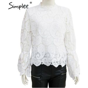 Simplee Wit Retro Gedrukt Shirt Bloem Boog Lange Mouwen Hoge Kraag Vrouwen Top Lente Herfst Lace Edge Tops Vrouwen