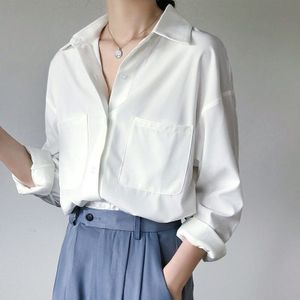 Ol Stijl Witte Shirts Voor Vrouwen Turn-Down Kraag Zakken Vrouwen Blouse Tops Elegante Werkkleding Vrouwelijke Tops Blusas Femme Herfst