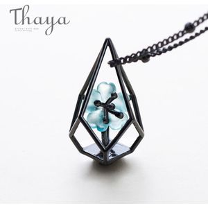Thaya Blauwe Bloem Terrarium Collier Black S925 Silver Blue Crystal Bloem Hanger Ketting Elegante Sieraden Voor Vrouwen