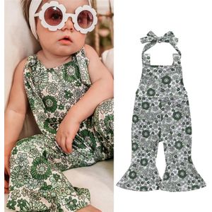 Peuter Meisje Zomer Mouwloze Halter Jumpsuit Leuke Bloemenprint Elastische Taille Romper Bell Bottoms Broek Outfit