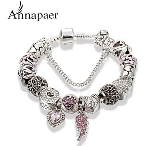 Annapaer Europese Roze Crystal Angel Wings Charm Bead Fit Originele Armbanden Voor Vrouwen Armband Sieraden B17044