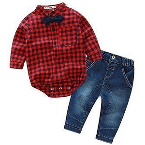 2 stks Herfst Lente Rode plaid lange mouwen set Kids Baby Boy Romper Jumpsuit Tops + Jeans Broek Outfits Kleding Set