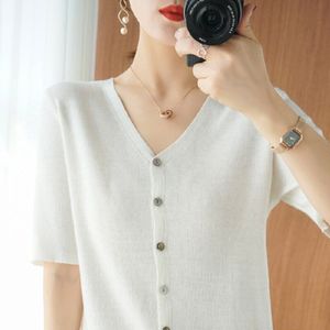 Vest Gebreide Trui Vrouwen Tops Zomer Korte Mouw Knit Shirts Button Koreaanse Stijl Casual Vrouwelijke Kleding