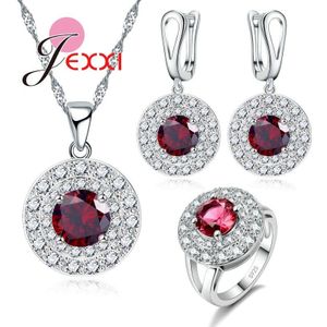 3Pcs Sieraden Set Real 925 Sterling Zilver Met Rode Kubieke Zirkoon Crystal Ketting/Oorbellen/Ring Wedding Engagement sieraden