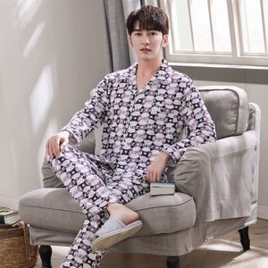 Herfst En Winter 100% Katoen Heren Pyjama Set Plus Size M-4XL Plaid Pyjama Lange Mouw Toevallige Mannelijke Nachtkleding pak