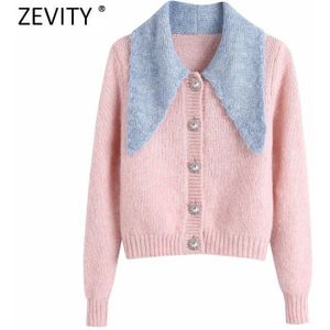Zevity Vrouwen Mode Kleur Bijpassende Blauwe Kraag Patchwork Roze Breien Trui Femme Chic Diamant Knop Vest Tops S430