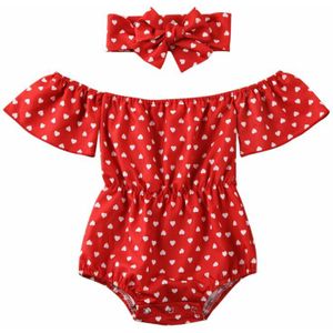 Pasgeboren Baby Meisjes Off Shoulder Jumpsuit Hart Print Bodysuit Hoofdband 2 Stuks Outfits Kleding