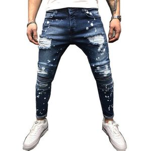 Mannen Geschilderd Skinny Slim Fit Straight Ripped Verontruste Geplooide Knie Patch Denim Broek Stretch Jeans