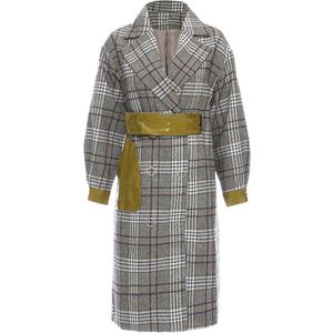 [Eam] Losse Fit Grijs Plaid Split Joint Temperament Wollen Jas Parka Lange Mouw Vrouwen Mode Lente Herfst 1R285