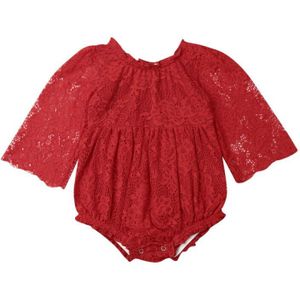 Focusnorm Kerst Pasgeboren Baby Meisje Bodysuits Kleding Lange Mouw Rood Kant Een-Stukken Jumpsuits Outfit