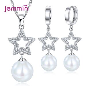 Vrouwen Verklaring 925 Sterling Silver Shimmer Sieraden Sets Parel Kubieke Zirkoon Kettingen Vijfpuntige Ster Doorstoken Oorbellen