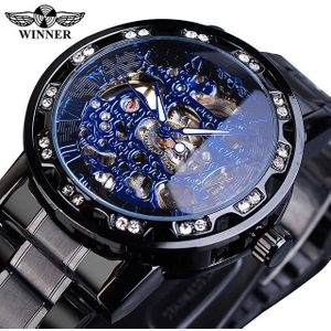 Winnaar Classic Blue Mens Mechanische Horloges Romeinse Zwart Roestvrij Stalen Band Rhinestone Skeleton Hand Wind Bedrijvengids Horloge Klok