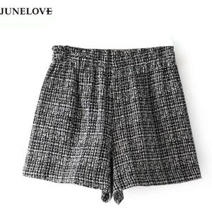 JuneLove casual losse shorts elastische hoge taille vrouwen shorts mode vrouwen culottes knit plaid vrouwelijke S