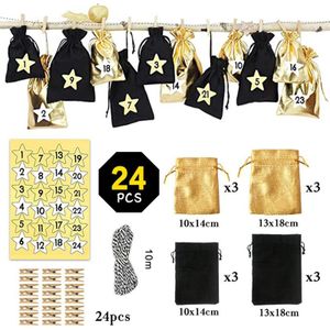 24Pcs 1-24 Nummers Zak Kerst Diy Adventskalender Ornament Kerstcadeau Zakken Kalender Countdown Zak Snoep Opslag zakjes