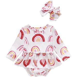 Baby Baby Meisje Mode Regenboog Oranje Print Jumpsuits Zomer Lange Mouwen Driehoek Gewikkeld Romper En Hoofdband