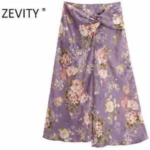 Zevity Vrouwen Vintage Geknoopt Decoratie Bloem Print Split Midi Rok Faldas Mujer Dames Terug Zipper Casual Rokken QUN661