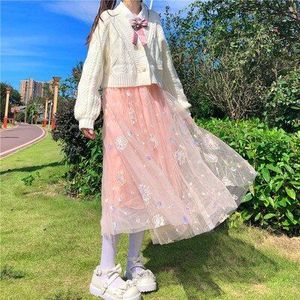 Paardebloem Lovertjes Geborduurd Drie-Layer Rok Hoge Taille Slanke Mid-Lengte Fee Mesh Rok Kawaii Kleding Zoete Lolita rok