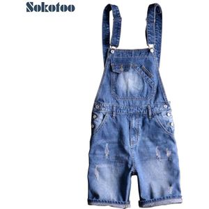 Sokotoo mannen zomer blauwe denim bib overalls shorts Jongen plus size knielengte slanke jeans