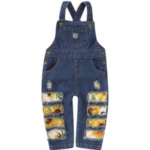Zomer Kids Overalls Baby Meisje Zonnebloem Print Riem Jeans Gat Denim Broek